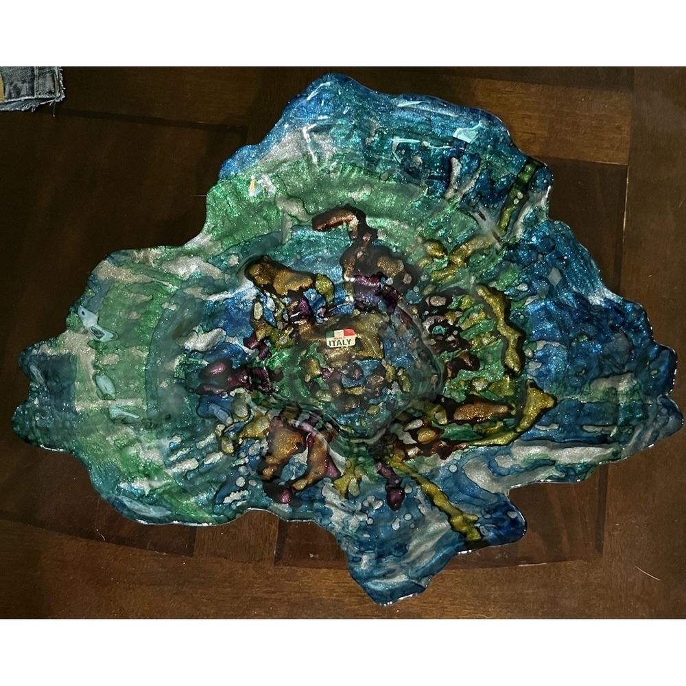 VTG Large Italian Art Glass Oyster Bowl 14x17 Ruffled Centerpiece Original Sti